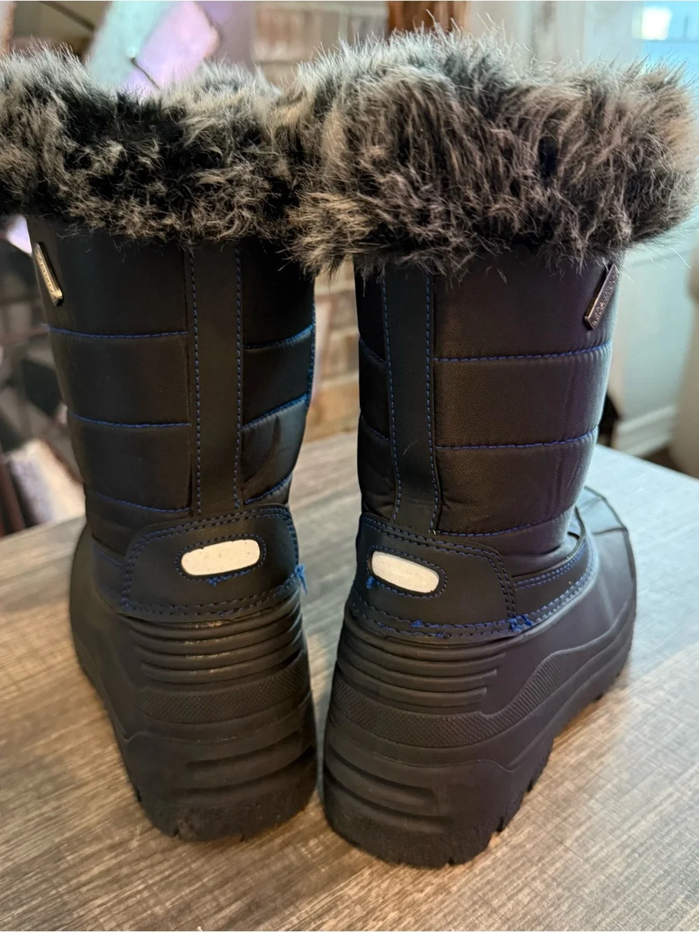Kids Black Winter Snow Boots with Faux Fur Trim - Blue Accents